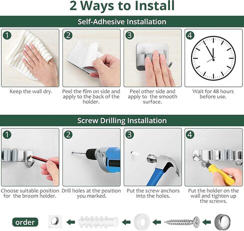 حامل ممسحة ومكنسة JiGiU، مجموعة منظم مكنسة 1+3 ممسحة 16 بوصة شماعة ممسحة تركيب (3 أوضاع 4 خطافات) و3 قطع خطافات ممسحة مثبتة على الحائط ذاتية اللصق من الفولاذ المقاوم للصدأ للحديقة، المرآب in Kuwait