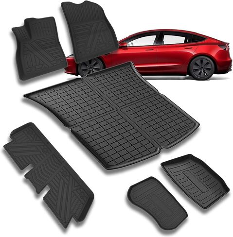 Tesla Model 3 Floor Mats - All-Weather Floor Mats for Tesla Model 3 2021 2022, Custom Fit TPE Cargo Liner Rear Cargo Tray Model 3 Anti-Slip Trunk Mats, Tesla Model 3 Accessories （Set of 6pcs in Saudi Arabia