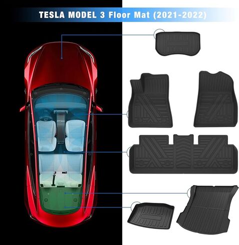 Tesla Model 3 Floor Mats - All-Weather Floor Mats for Tesla Model 3 2021 2022, Custom Fit TPE Cargo Liner Rear Cargo Tray Model 3 Anti-Slip Trunk Mats, Tesla Model 3 Accessories （Set of 6pcs in Kuwait