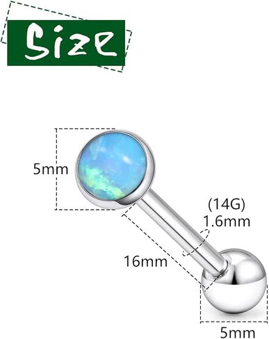 F136 Titanium Flat Buttom Multicolor Bezel Opal Tongue Rings Piercing Jewelry for Women Men 14g 5/8in 16mm Metal Tounge Barbell Charms Aretes Para La Lengua Hypoallergenic in Kuwait