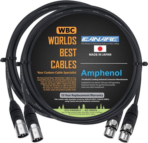 WORLDS BEST CABLES 2 Units - 2 Foot - Canare L-4E6S, Star Quad Balanced Male to Female Microphone Cables with Amphenol AX3M & AX3F Silver XLR Connectors - Custom Made in Saudi Arabia