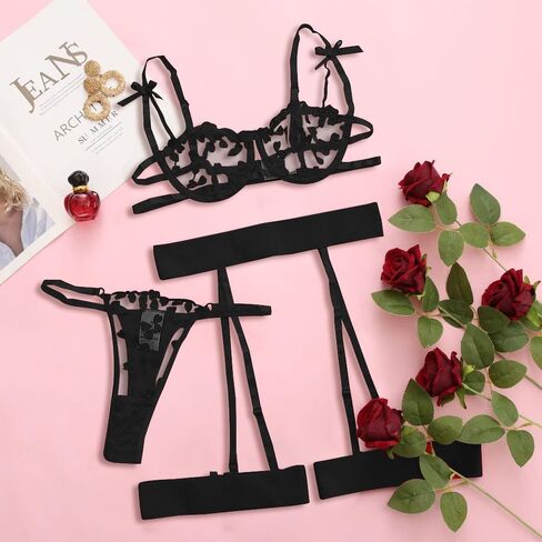 Lilosy مثير القوس Underwire رفع Strappy القلب المطرزة شبكة شير الرباط الملابس الداخلية مجموعة النساء انظر من خلال حمالة الصدر واللباس الداخلي 3 قطعة حار أسود صغير in Kuwait