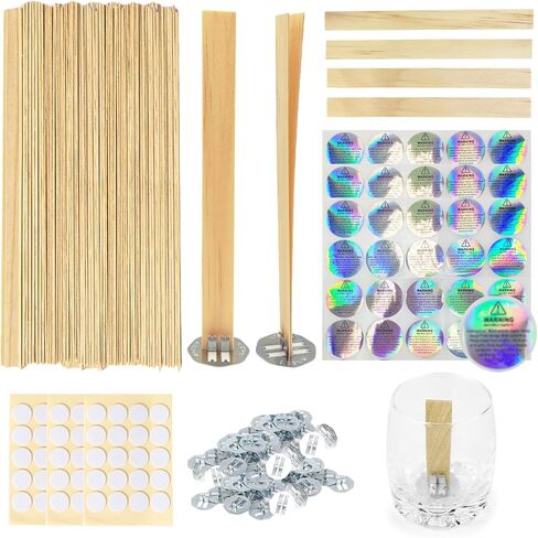 120pcs Wood Candle Wicks, Long Lasting Flame, Easily Burn, Natural Candle Cores with Stand and Glue Dot, Warning Label for DIY Candle Making in Kuwait