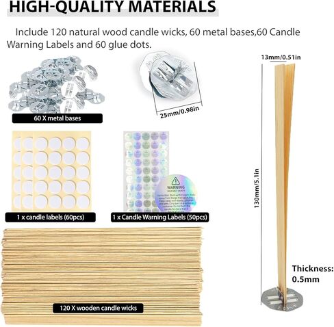 120pcs Wood Candle Wicks, Long Lasting Flame, Easily Burn, Natural Candle Cores with Stand and Glue Dot, Warning Label for DIY Candle Making in Kuwait