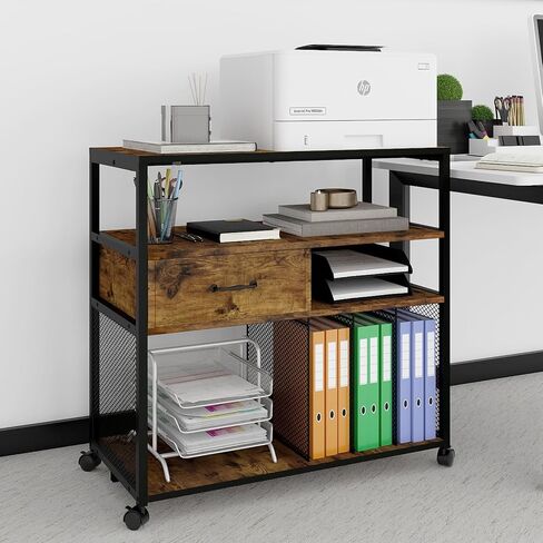PUNCIA Mobile Wood Lateral File Cabinets with Metal Upright Sorter Organizer, Rolling Modern Printer Stand Cabinet with Wheels, Open Storage Shelves for Home Office in Saudi Arabia