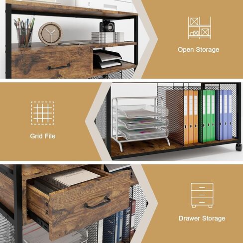 PUNCIA Mobile Wood Lateral File Cabinets with Metal Upright Sorter Organizer, Rolling Modern Printer Stand Cabinet with Wheels, Open Storage Shelves for Home Office in Saudi Arabia