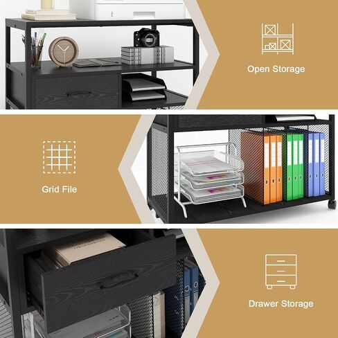 PUNCIA Mobile Wood Lateral File Cabinets with Metal Upright Sorter Organizer, Rolling Modern Printer Stand Cabinet with Wheels, Open Storage Shelves for Home Office in Saudi Arabia