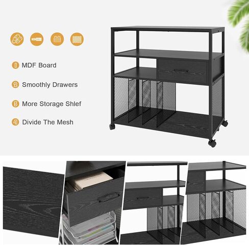 PUNCIA Mobile Wood Lateral File Cabinets with Metal Upright Sorter Organizer, Rolling Modern Printer Stand Cabinet with Wheels, Open Storage Shelves for Home Office in Saudi Arabia