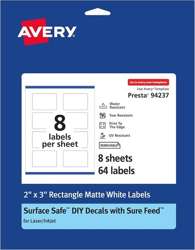 Avery Rectangle Labels with Sure Feed, 2" x 3", 64 White Labels, Print-to-The-Edge, Surface Safe Clean Removable Label Adhesive, Laser/Inkjet Printable Labels in Saudi Arabia