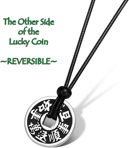 قلادة عملة الحظ - سحر رائع ذو وجهين - قلادة فنغ شوي للحظ السعيد - تميمة رموز الحظ - مجوهرات من الفولاذ المقاوم للصدأ مع لمسة نهائية عتيقة - قلادة حبل قابلة للتعديل - تعويذة النجاح in Kuwait
