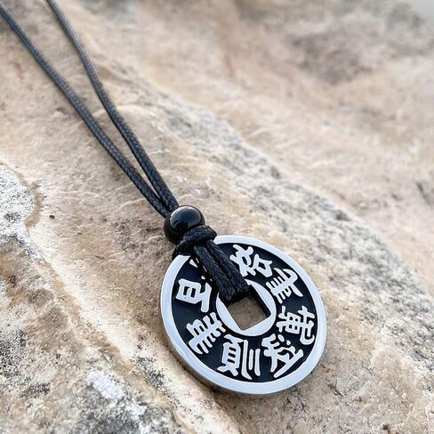 قلادة عملة الحظ - سحر رائع ذو وجهين - قلادة فنغ شوي للحظ السعيد - تميمة رموز الحظ - مجوهرات من الفولاذ المقاوم للصدأ مع لمسة نهائية عتيقة - قلادة حبل قابلة للتعديل - تعويذة النجاح in Kuwait