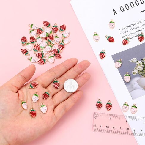 Strawberry Charms 60 PCS Enamel Pink Enamel Small Red Fruit Strawberry Flatback Charms Pendants for Jewelry Making DIY Crafting Earring Necklace Anklet Bracelet in Saudi Arabia