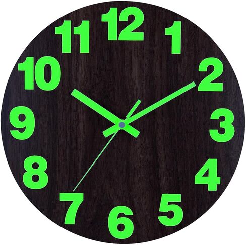 Plumeet Night Light Wall Clock, 12 Inch Wooden Glow in The Dark Clock for Bedroom - Silent Lighted up Wall Clock Luminous Numerals and Hands, Battery Operated for Living Room/Kitchen, Black in Kuwait