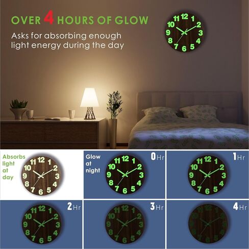 Plumeet Night Light Wall Clock, 12 Inch Wooden Glow in The Dark Clock for Bedroom - Silent Lighted up Wall Clock Luminous Numerals and Hands, Battery Operated for Living Room/Kitchen, Black in Kuwait
