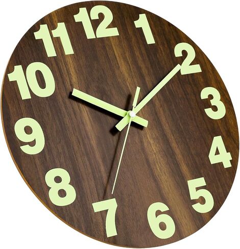 Plumeet Night Light Wall Clock, 12 Inch Wooden Glow in The Dark Clock for Bedroom - Silent Lighted up Wall Clock Luminous Numerals and Hands, Battery Operated for Living Room/Kitchen, Black in Kuwait