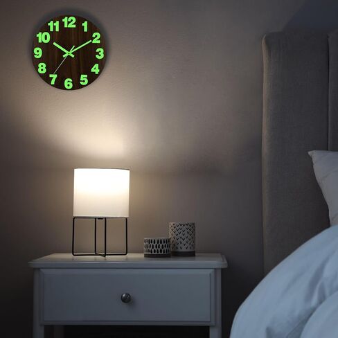 Plumeet Night Light Wall Clock, 12 Inch Wooden Glow in The Dark Clock for Bedroom - Silent Lighted up Wall Clock Luminous Numerals and Hands, Battery Operated for Living Room/Kitchen, Black in Kuwait