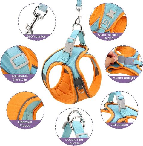 ORIA Dog Harness, No-Pull Pet Harness, Dog Harness and Leash Set, Breathable and Adjustable Pet Vest with Reflective Strips, for Small Kitten, Puppy, Orange and Blue, XXS in Saudi Arabia