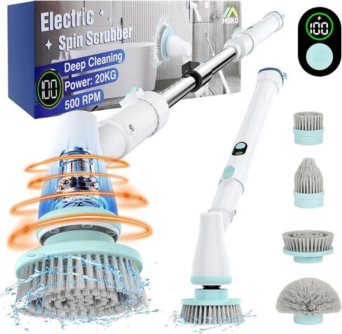 MoKo Electric Spin Scrubber, 490RPM Cordless Shower Scrubber with 9 Replaceable Brush Heads and Adjustable Extension Long Handle,Electric Scrubber for Cleaning Bathroom Tub Grout Floor Wall Sink Tile in Saudi Arabia