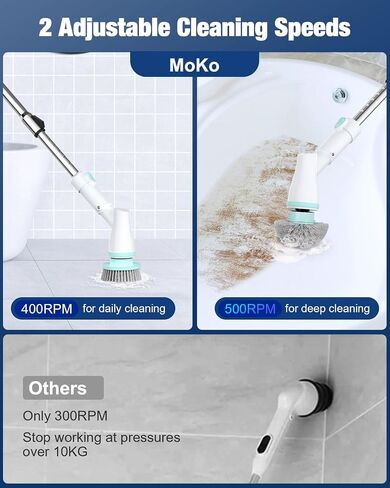 MoKo Electric Spin Scrubber, 490RPM Cordless Shower Scrubber with 9 Replaceable Brush Heads and Adjustable Extension Long Handle,Electric Scrubber for Cleaning Bathroom Tub Grout Floor Wall Sink Tile in Saudi Arabia