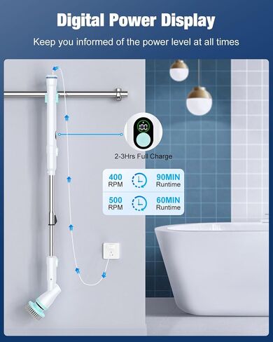 MoKo Electric Spin Scrubber, 490RPM Cordless Shower Scrubber with 9 Replaceable Brush Heads and Adjustable Extension Long Handle,Electric Scrubber for Cleaning Bathroom Tub Grout Floor Wall Sink Tile in Saudi Arabia