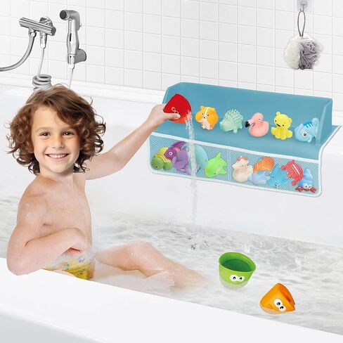 Bathtub Splash Guard for Tub Kids, 22" Shower Water Guard Play Shelf, Baby Bath Toy Storage and Organizer, 8 Suction Cups Attach to Bath Tub, Light Blue in Saudi Arabia