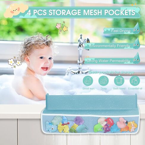Bathtub Splash Guard for Tub Kids, 22" Shower Water Guard Play Shelf, Baby Bath Toy Storage and Organizer, 8 Suction Cups Attach to Bath Tub, Light Blue in Saudi Arabia