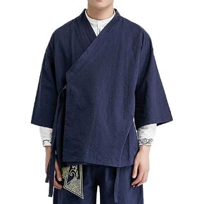 Men's Chinese Hanfu Style Cardigan Wrap Loose Kimono Jacket 3/4 Sleeve Casual Shirt Lightweight Wing Chun Kung Fu Clothes Top
