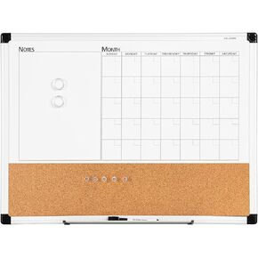Monthly Calendar Whiteboard Dry Erase Cork Board Combo, 18" x 24" Planning Board, Silver Aluminium Frame