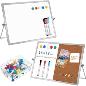 Combination Whiteboard and Corkboard, 16 x 12 Inch Magnetic Desktop Large Bulletin Combo Board with Stand Portable Combo Dry Erase White Board Cork Board for Desk Office Home School