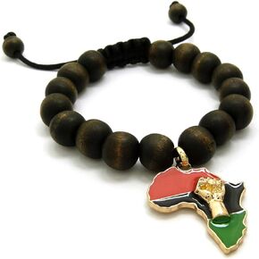 Pan Colored Fist Power in Africa Map Charm Adjustable Wooden Bead Bracelet in Black, Brown