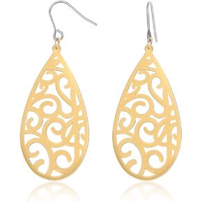 TGNEL Openwork Filigree Titanium Dangle Earrings for Women, Hypoallergenic Teardrop Titanium Drop Earrings for Sensitive Ears Gold