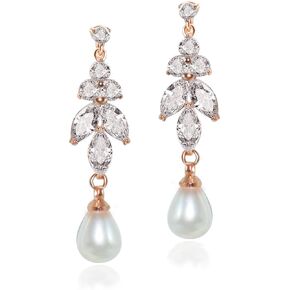 UDORA Women Zirconia Teardrop Pearl Long Dangle Earrings Bridal Bridesmaid Wedding Gifts