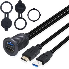 USB 3.0 & HDMI Mount with Light, 3.3ft USB 3.0 Male to Female & HDMI 4K Male to Female Flush Panel Dashboard Mount Extension Cable for Car Truck Boat Motorcycle, Metal Shell, Gray