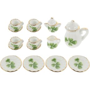 Dollhouse Tea Cup Sets 1:12 Scale Miniature Porcelain Teapot Cup Dish Mini Flower Pattern Teapot Dish for Dollhouse Kitchen Accessories - Green
