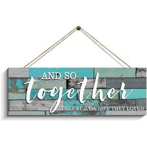 Creoate Together Wall Decor and So They Built a Life They Loved Sign Rustic Wood Plaque Family Sign Home Decoration for Living Room, Small, Christmas Gift for Home (Teal,4.7x13.7IN)
