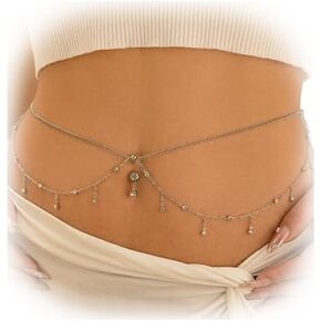 Summer Beach Multi-layer Crystal Belly Buttom Ring with Waist Chain Bikini Rhinestone Navel Piercing Dangle Belly Button Rings Waist Chain Sexy Belly Body Chain Jewelry for Women
