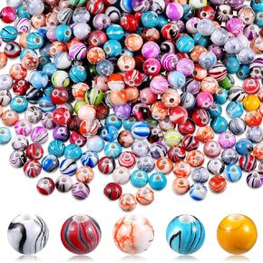 500 Pieces Acrylic Beads 8 mm Multicolor Acrylic Round Loose Beads for Bracelets and Necklaces Jewelry Making Supplies, Random Color (Ink Pattern)