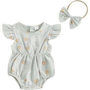 Newborn Baby Girls Clothes Ruffle Sleeveless Romper Solid Color Jumpsuit with Headband Infant Cotton Outfits