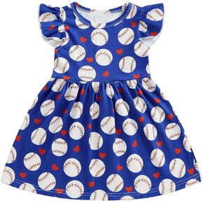 Toddler Baby Girl Baseball Clothes Baseball Print Twirly Dress Flutter Sleeve Swing Sundress Casual Summer Dresses