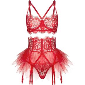 Lingerie for Women Sexy Naughty Eyelash Corset Babydoll Lingerie Sets Lace Mini Tulle Skirt with Garter Belts