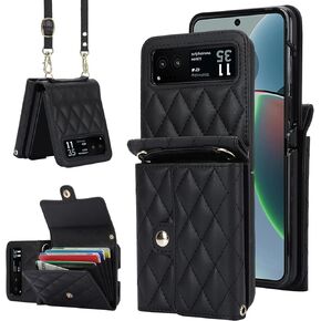 for Motorola Razr Wallet Case with Card Holder, Crossbody Wallet Leather Handbag with RFID Blocking Detachable Lanyard Magnetic Flip Case for Motorola Razr 2023 (Black)