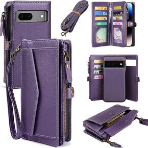 for Google Pixel 8a Wallet Case for Women, Pixel 8a Case with RFID Blocking Card Holder, Leather Zipper Wallet Detachable Magnetic Phone Case with Crossbody Strap, Purple