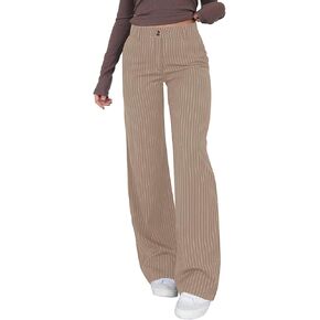 NIMIN سروال عمل مخطط للنساء صيفي غير رسمي عالي الخصر مريح مناسب مستقيم الساق مع جيوب 2024 كاكي صغير in Kuwait