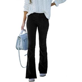 IWEMEK Women Corduroy Flare Pants Elastic Waist Bell Bottom Trousers Bootcut Corduroy Pants Solid Pocket Corduroy Trousers
