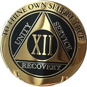 RecoveryChip 12 عامًا AA Medallion رقاقة أنيقة باللون الأسود والذهبي والفضة ومدمني الكحول المجهولين