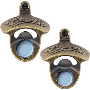 Magnetic Cheers Beer Bottle Opener Wall Mounted Beer Cap Opener with Magnets, Antique Bronze Cheers Mount to Wall Beer Top Opener Magnetic (Pack of 2)