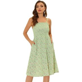 Allegra K Women's Spaghetti Strap Smocked Pockets Floral Dress
