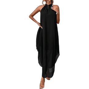 Verdusa Women's Flowy Halter Neck Sleeveless Asymmetrical Hem Maxi Long Dress