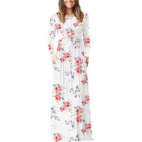 DEARCASE Women's Long Sleeve Maxi Dress Crewneck Loose Plain Casual Empire Waist Long Dresses with Pockets
