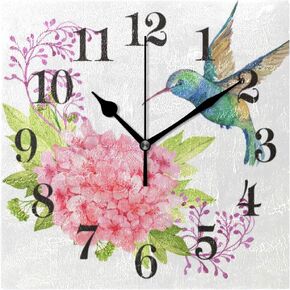 WIHVE Hummingbird Flower Vintage Square Wooden Wall Clock, 8 Inch Battery Operated Desk Hanging Clock for Home Office School